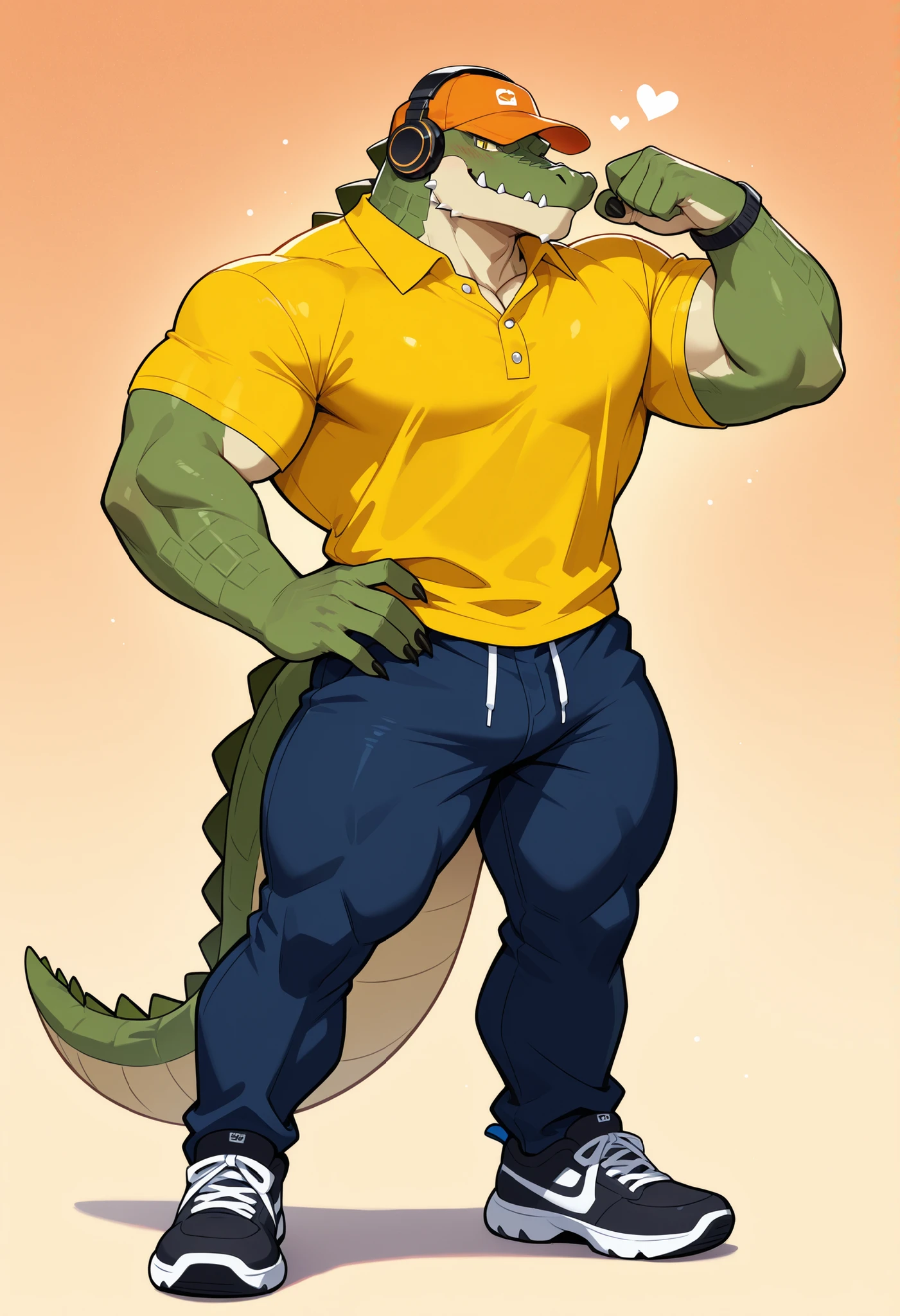 (masterpiece, best quality, high quality, highres:1.4), detailed, extremely detailed, ambient soft lighting, 4K, by (by Pino Daeni, (by ruaidri), yupa, kiyosan,(by meesh), (by sollyz) (by fffffolder)), (cuban crocodile: ( slim_hunk, athletic, crocodile, yellow body, scales, athletic muscle, anthro legs, (crocodile feet) (((solo))), (long snout), (toe claw), green eyes, (detailed eyes), crocodile tail, bare_shoulders, (((topless))), (((black boxers))), (((flexing))), looking at viewer, submissive, (((smirking))), tag:1boy)) ,(((bedroom)))