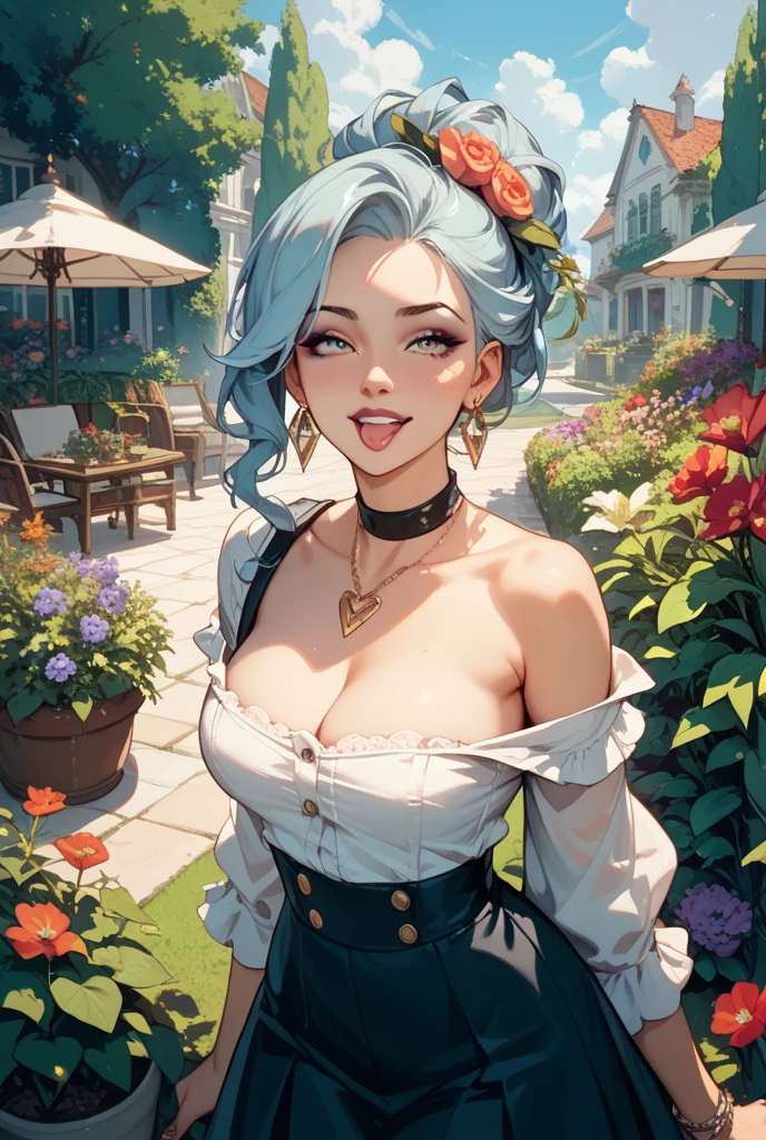 charlotte_amande, long neck, sun hat, heart on neck, choker, earings, blue dress, masterpiece, best quality, extreme detail, 8k, image sharpness, <lora:Sett_Charlotte_Amande:0.8>