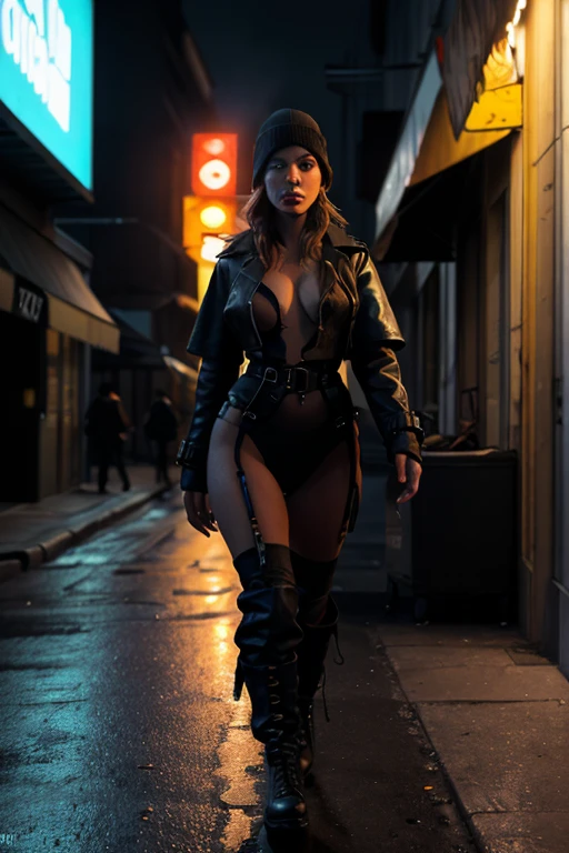 Blade Runner inspired surreal dark cyberpunk city alley as background, (low angle view), at dark night. (1girl, solo, alone), medium-breast slim:0.6 body, oval:0.5 face, cleavage:1.1, sexy black laced bra, miniskirt, white laced panty, coat, (black micro sunglasses), (holding a short gun), (slightly leaning forward running pose), half-body thigh level medium shot, cinematic lighting, ray tracing.