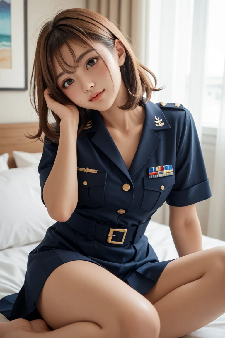 absurderes, Raw photo, Extremely delicate and beautiful, masutepiece, Best Quality, Ultra High Resolution, 16 K, hyper realisitic, Ultra-detailed, Perfect Anatomy, Ultra-detailed細なスキン, Perfect figure, Very detailed CG 8k wallpaper, in her 20s, Very slim body, Narrow waist, Very small head, Very small face, Delicate facial features, tear moles, Earring, thin legs, (very massive round chest), 3 girls, (Full body shot), Bare legs, Short hair, Wavy Hair, light brown hair, ((Sweat)), Pleated skirt, ((Dress Uniforms)),