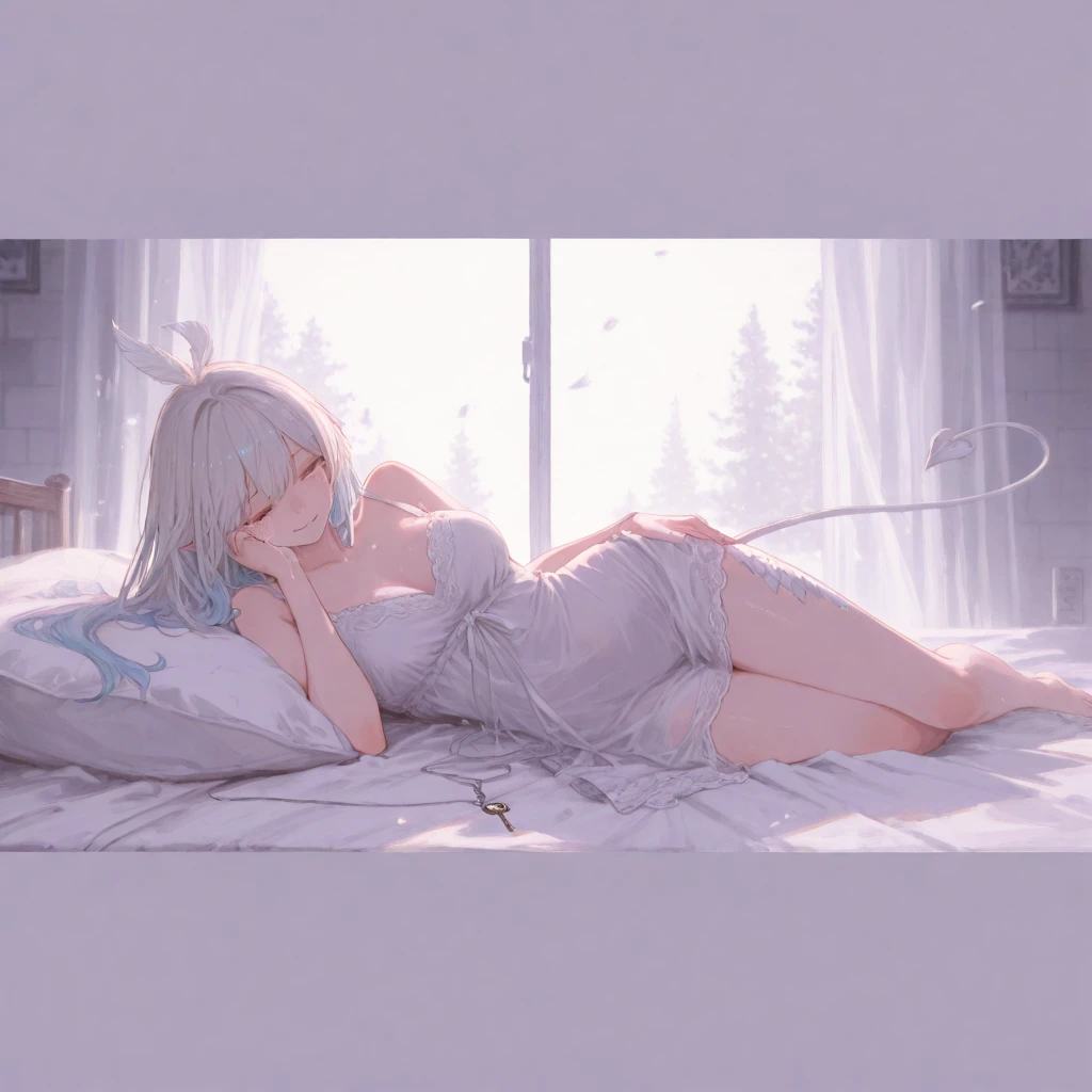 (masterpiece, best quality:1.5), (ultra detailed, high resolution, 8k, beautiful detailed, UHD, best anatomy), white hair, flat breasts, 1 beast ears, barefoot, bedroom, night, Lying on the bed, asleep, Both eyes closed, Pajamas with short sleeves and short pants, Cat girl, head on pillow, sleeping sideways, blanket, side angle, (ears are hidden by her hair:2)