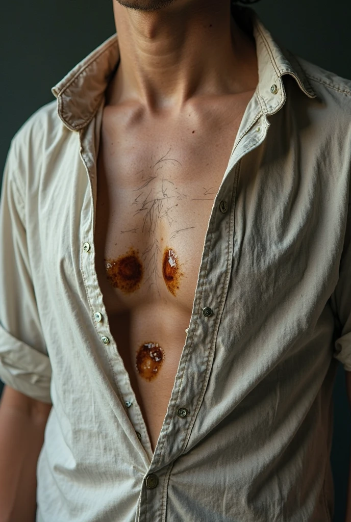 young man 
. ripe sapodilla skin. Empty body, wearing jeans shorts. touch, Rumbewas on his chest.