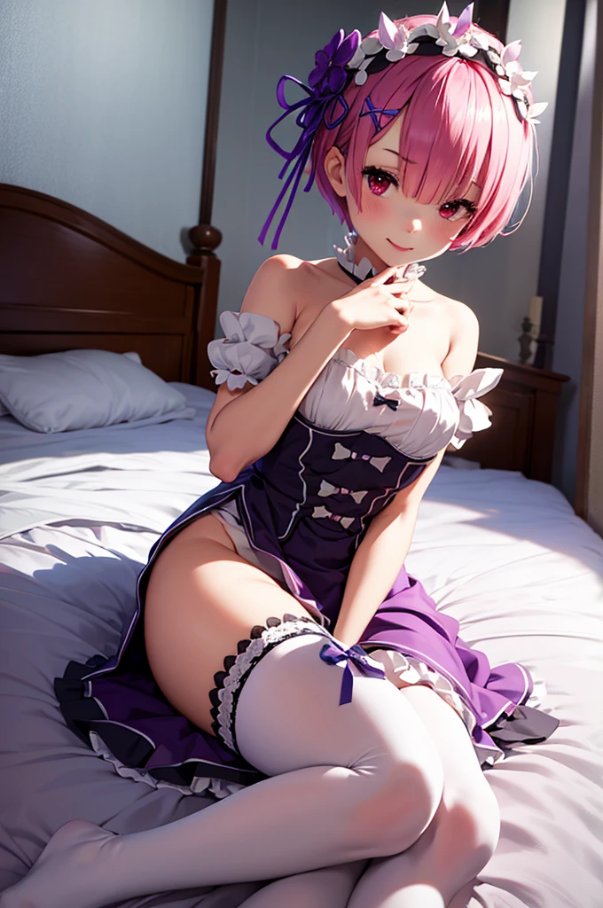 (top-quality:1.1), (​masterpiece:1.4), (absurderes:1.0), portlate, a closeup,
1girl in、Momovelia Deviluk、hair adornments、bob cuts、Shorthair pink hair、a purple eye、Medium chest、Purple underwear、looking at the viewers、Bedroom、(red blush:1.2)、embarassed expression、((pantyhose))、on the beds、((all-fours))、posterior view