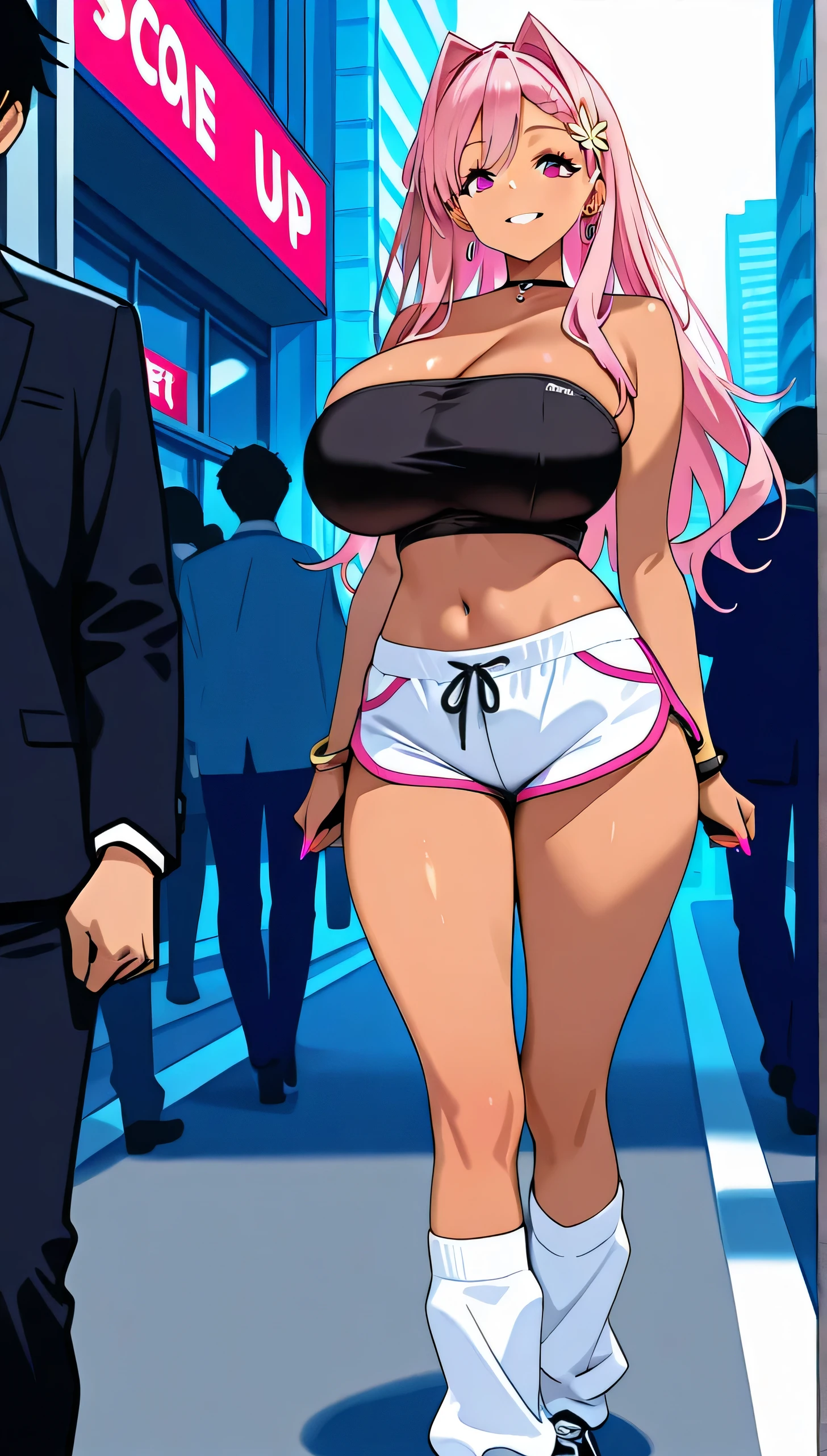 Tall girl, fit girl, mkhekaren, 1girl, long hair, pink hair, hair intakes, braid, hair flower, solo, bracelet, bangs, huge breasts, earrings, ear piercing, score_9, score_8_up, score_7_up, source_anime, masterpiece,best quality, huge breasts, flashy gyaru,black tube top with daddy written on it, white dolphin shorts, navel, looking at viewer, Standing in the middle of the crowd, city background in the middle of the night, smile, socks, Loose socks,