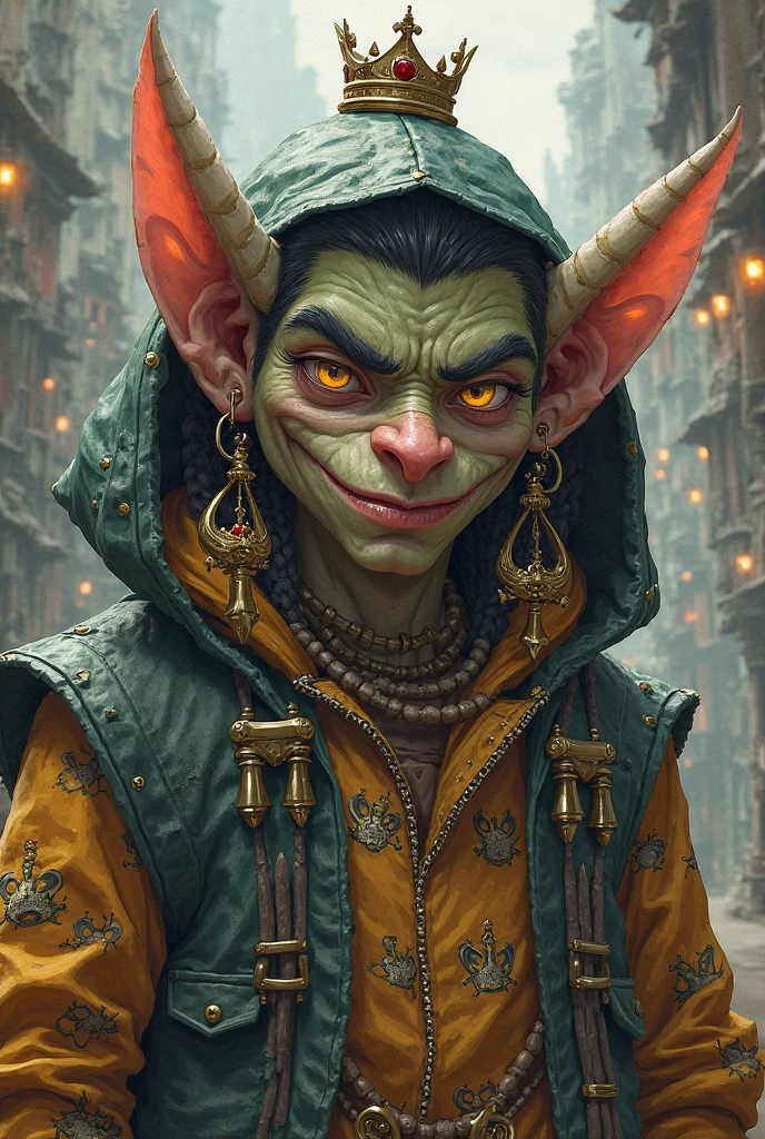 (best quality,realistic,highres:1.2),ultra-detailed,a goblin woman smoking a magical cigar,naked,bare nipples,a giant bun held by a dragon skull,witch face with wrinkles,detailed eyes and lips,wrinkled skin,green skin tone,dark and mysterious lighting,medium:oil painting,impressive details,dark atmosphere,mystical vibe,sharp focus,the goblin woman blowing smoke,emerald green background,creepy but intriguing,cohesive composition,unique character portrayal