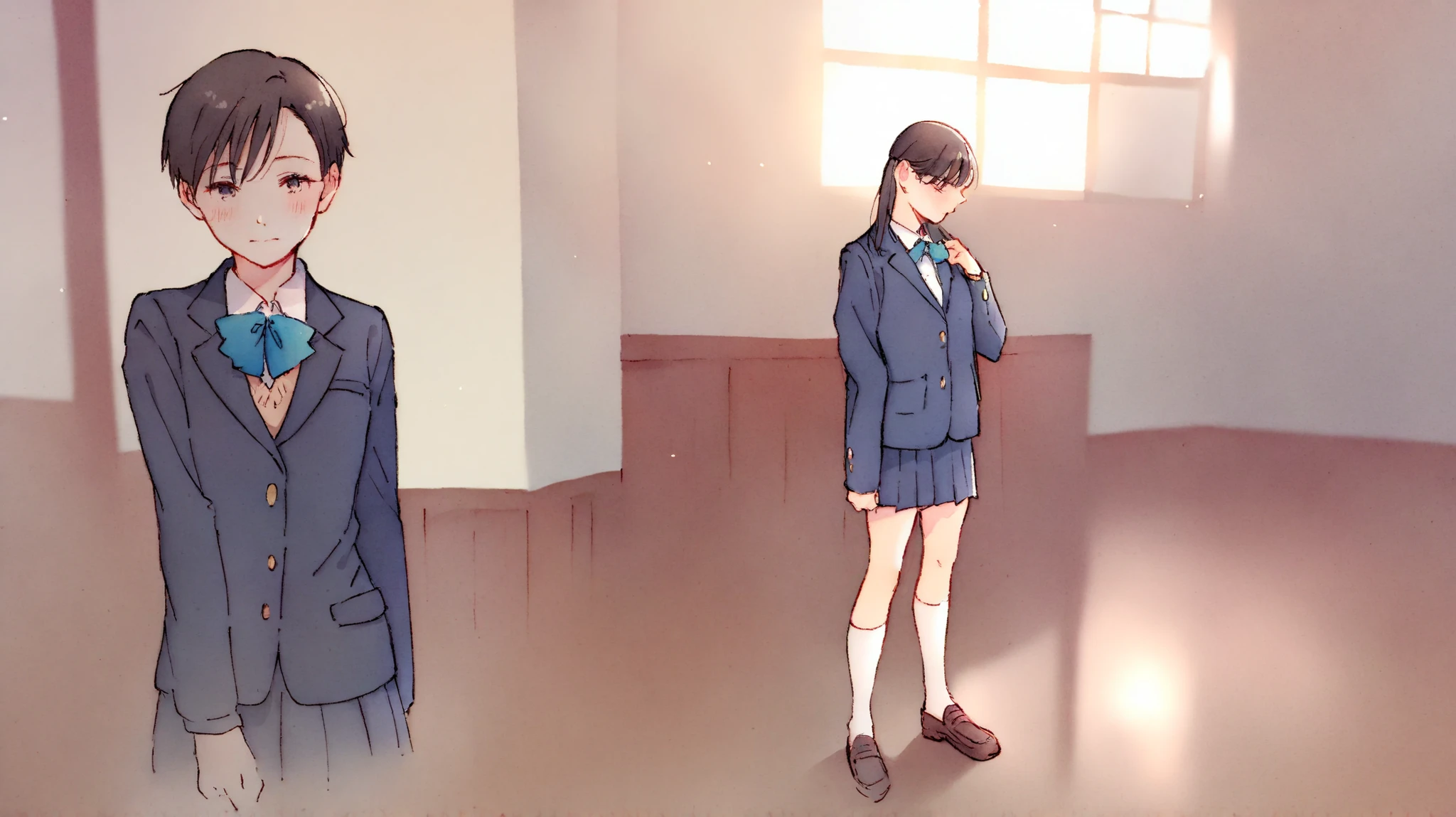 ((masterpiece)), ((top quality)), Full Body,教室で友達と会話している, cinematic, realistic,((a Japanese high school girl)),short hair, boyish hairstyle, tomboy style,a girl with short straight hair, natural hairstyle, loose hair, no accessories, no hair tie,((wearing a blazer school uniform)),small breasts highly detailed,Room details ,anatomically accurate, proportional body, natural posture, highly detailed,