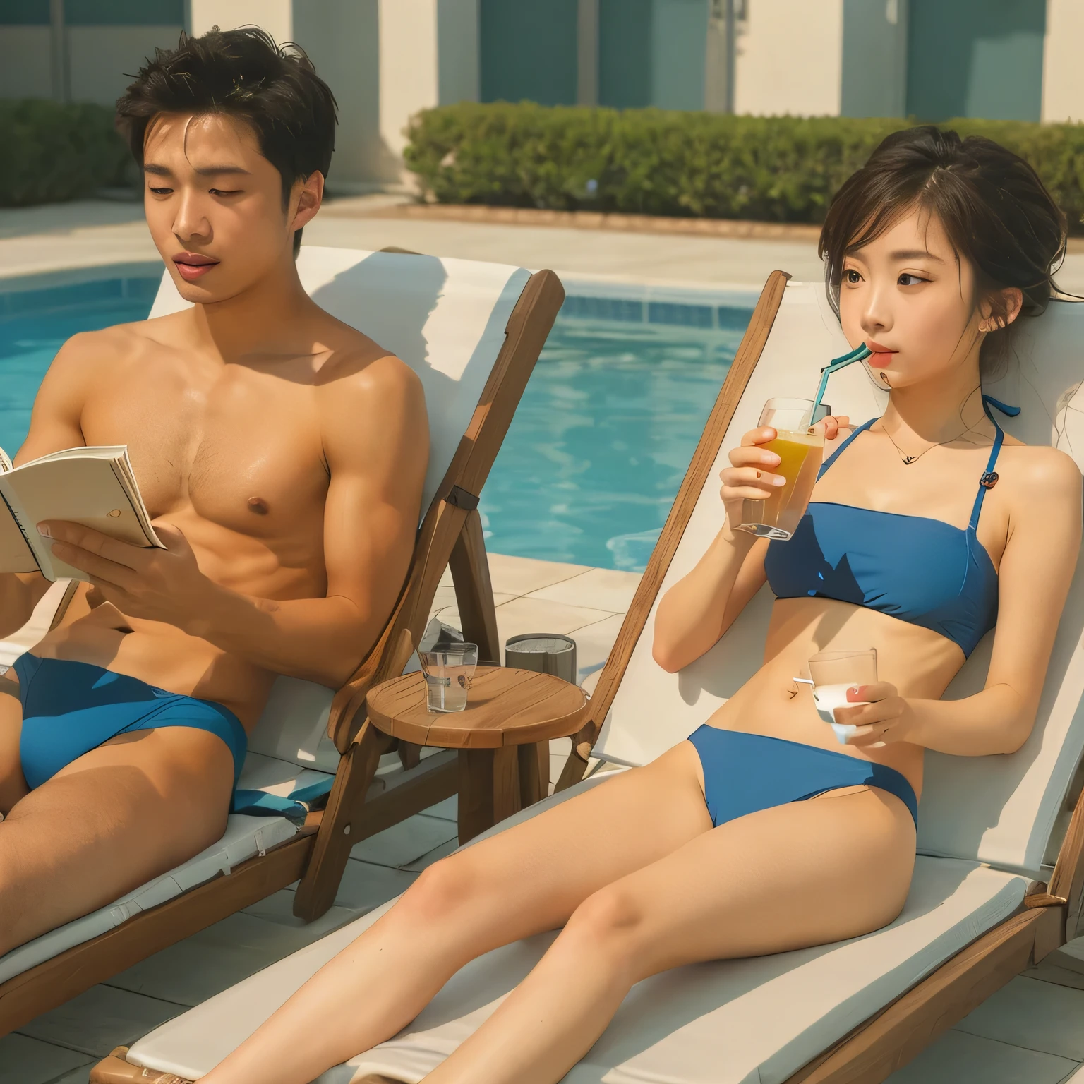 Asian guy with very delicate facial features , with big expressive eyes, Slim , a thin man without clothes sits on a sun lounger and reads a book