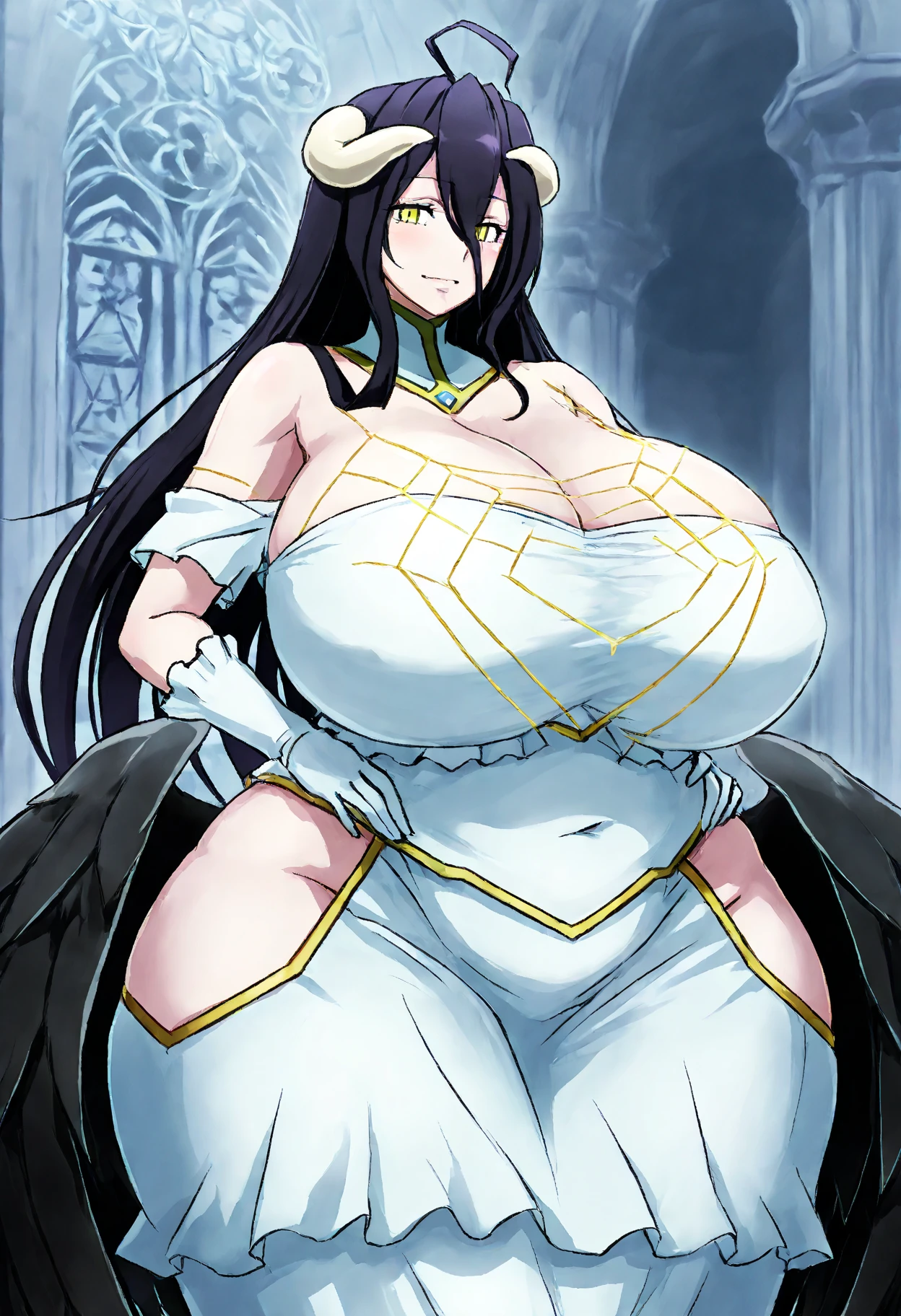 （tmasterpiece），（best qualtiy），（high qulity），（A detailed），（absurderes），（good artist），1girll，Albedo（kingpin），white dresses，The hair is between the eyes，White horn，Black wings，Low wing，Globular milk，facing away from the audience，ahegao，（Arms in front of your chest）