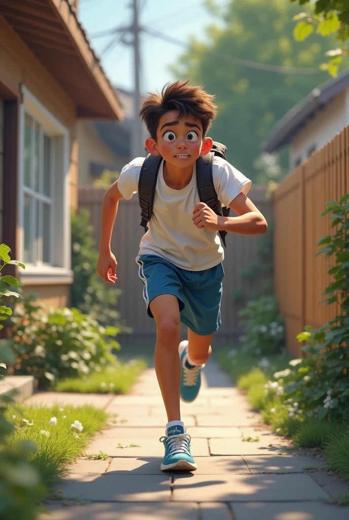 A young boy in sportswear walking home tired but determined