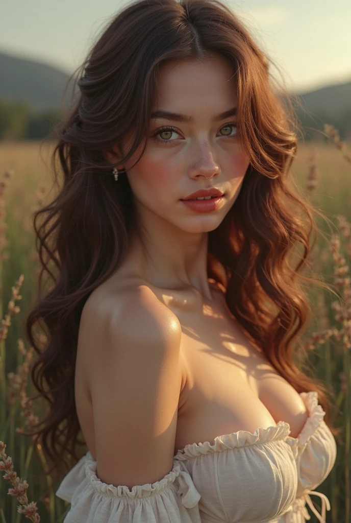 RAW, analog style, A stunning portrait of a young, beautiful woman with striking features. She should have long, flowing hair, a captivating gaze, and an alluring expression. The background should be farming landscape with a beautiful sunset. Please pay close attention to the details, such as the highlights and shadows on her face and hair, to create a lifelike and realistic image. Experiment with different lighting techniques to enhance the mood and atmosphere of the portrait. The final product should be a masterpiece that captures the essence and beauty of the woman, ((highly detailed skin, skin details)), sharp focus, volumetric fog, 8k UHD, DSLR, high quality, film grain, Fujifilm XT3, blue eyes, naked