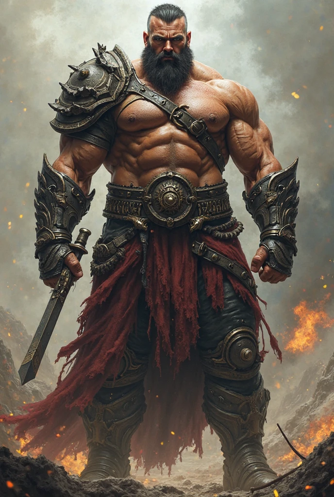 highest quality, 8k, hdr, (head to toe:1.4), Realistic, European male, large man, 7ft tall, heavily muscled, happy, short neat beard, light brown hair and beard, hazel eyes, injured and blood stained, wearing damaged fantasy armor, caring a wicked evil looking battle axe dripping with gore.
