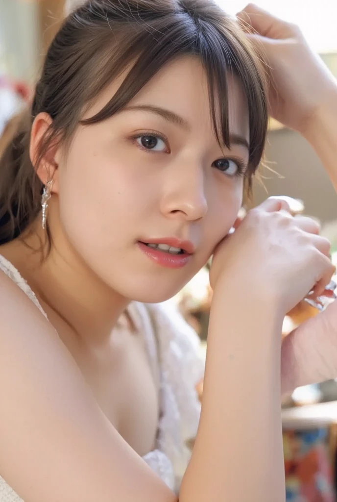 masterpiece, highest quality, 4K, Ultra-high resolution, mishoujo, Painting, Beautiful eyes and fine face, figure, Beautiful details, high resolution figure, Shine_white_particle, One girl, Small breasts、Large Breasts、High 、Japanese、Japanese Idols、A kind smile、