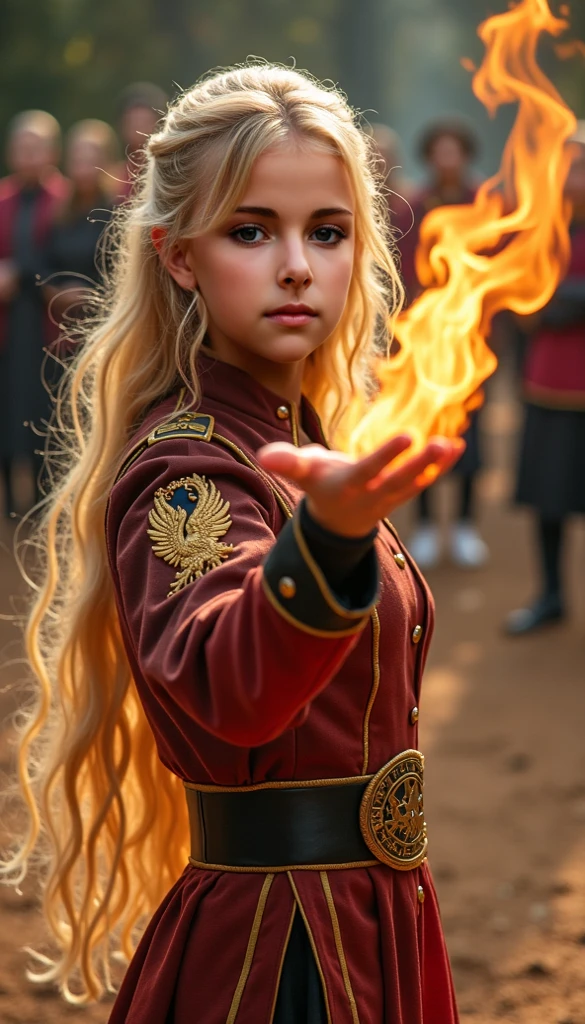 girl CHILD 10 years old, blonde straight hair very long, PORTRAIT STYLE, CLOSE UP, a fireball in hand, evil steampunk pyromancer woman, casting fire spell, she has fire powers, steampunk chandra fire queen, fire hair, sorceress casting a fireball, flame conjuration, casting a fire spell,  fire spell, fire goddess, fire goddess, flaming hair, fire breath