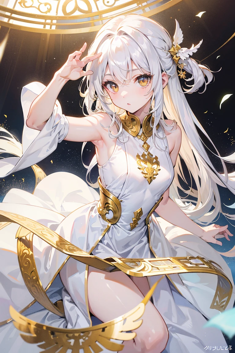 1girl, messy iridescent white hair, pink eyes, glowing eyes, mouth open, pale skin, bunny ears, no ears, wearing long clingy white dress with gold runes, arms up, holding blue flame, ancient stone village at sunset, absurdes, high res, ultrasharp, 8k, masterpiece, chiaroscuro, from below, fire in foreground, looking at viewer,