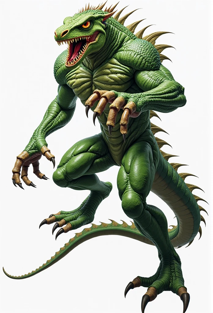 ((((No humans))))、Libra, reptiles, scar, Humanity, Crocodile, green body, scale, There is nothing there, Crocodilian, facial scar, Muscular, green scale, teeth、get annoyed、Fighting stance、Movement angle、(profile、From the side)、White background