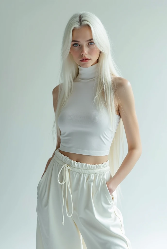 Women, white hair, wearing a black hat, wearing black arm warmers, white clothes that read guitar hero, Not wearing pants