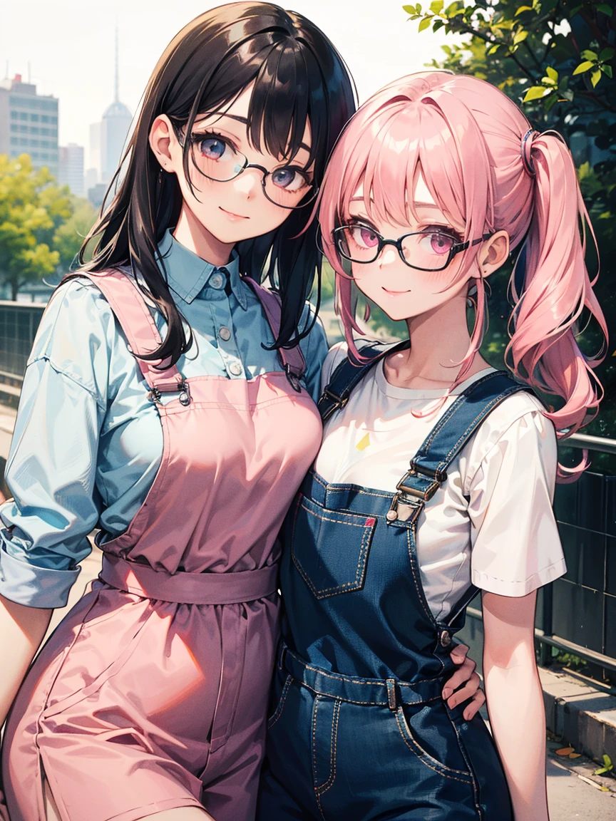 Primary school students、Pink Hair、Medium Bob、Green Eyes、Frameless Glasses、Naked with denim overalls、NSFW