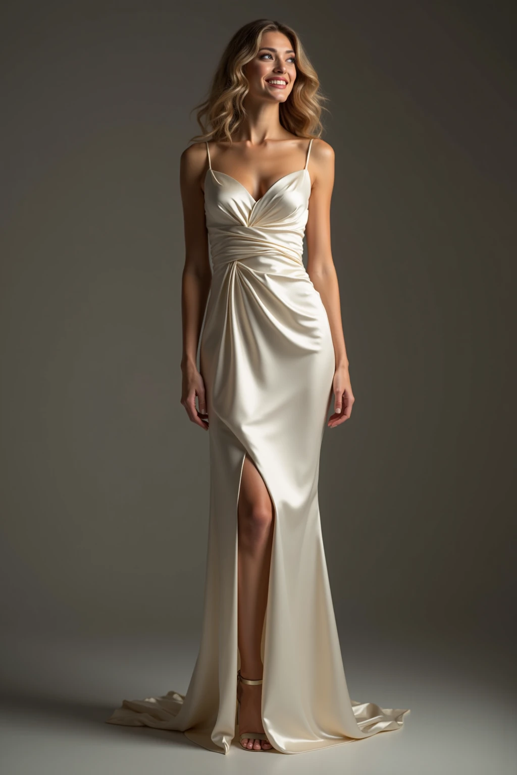 young busty orange hair girl in sexy and shiny wedding dress with a gold heel