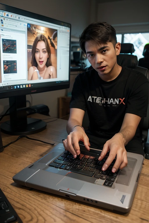 ((masterpiece)), ((best quality:1.2)), (ultra_realistic:1.3), (photorealistic:1.4), high resolution, canon DSLR, lens 50mm, 8k, <lora:add_detail:1.5>,(veiny Abs), handsome face, perfect, masculine, male, muscular, good anatomy, (sharp focus), <lora:syahnkV4-04:0>, syahnk,eye view viewer, as ((That dumb guy in college that barely has a passing grade because he spends every weekend gaming ))