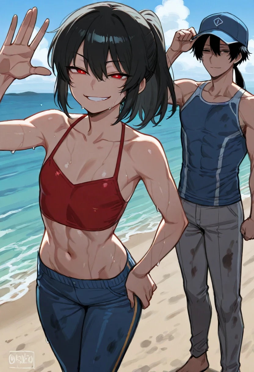 high resolution Seaside Japanese Male and female couple Older men Men have gray hair The man has visible abdominal muscles Men with lots of abdominal muscles are cool Cool Women are young Black Hair cute Stylish The woman is wearing a tank top