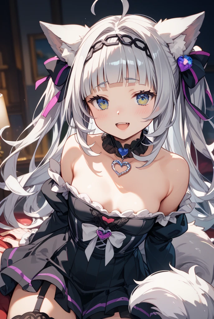 18 year old beautiful girl, purple big eyes,  Petite and slender、slightly large breast, ((Silvery hair,)),(Loose long fluffy twintail hair), in 8K, of the highest quality, (Highly detailed head: 1.0), (Very detailed face: 1.0), (very detail hair: 1.0),(Skimpy black ruffle bikini), Detailed official artwork, anime moe art style, clean detailed anime art, Cool smile