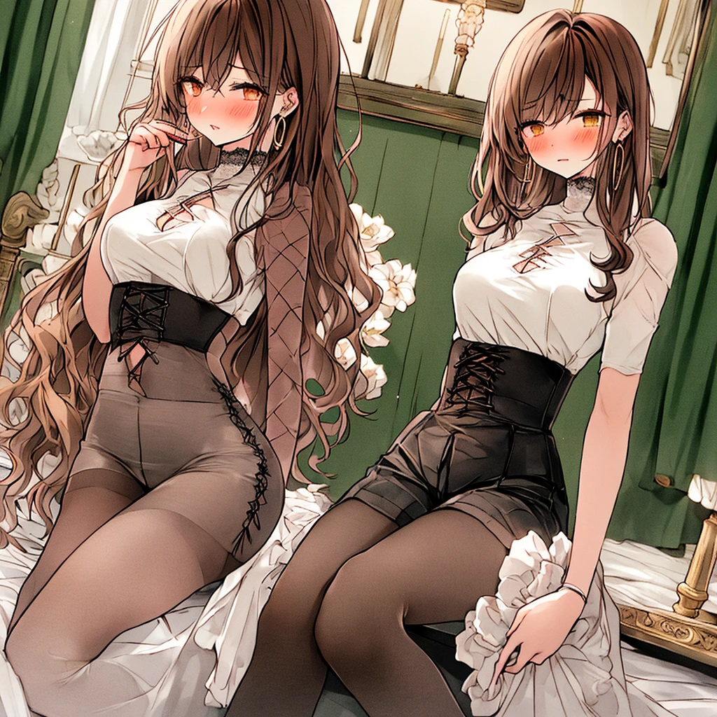 masterpiece, Highest quality, Cute Mature Woman,Small breasts that are just beginning to grow, Scrunchie hair ornament, Twin tails,Large areola,Nipples,plain cotton panties,hoodie,,Patterned knee socks,Diamond Necklace, skinny , Nipples,((showing off lace panties)),(Nipplesが透けて見える)), (good:1.3), (lingerie,Culottes:1.5),下から見上げたCulottes