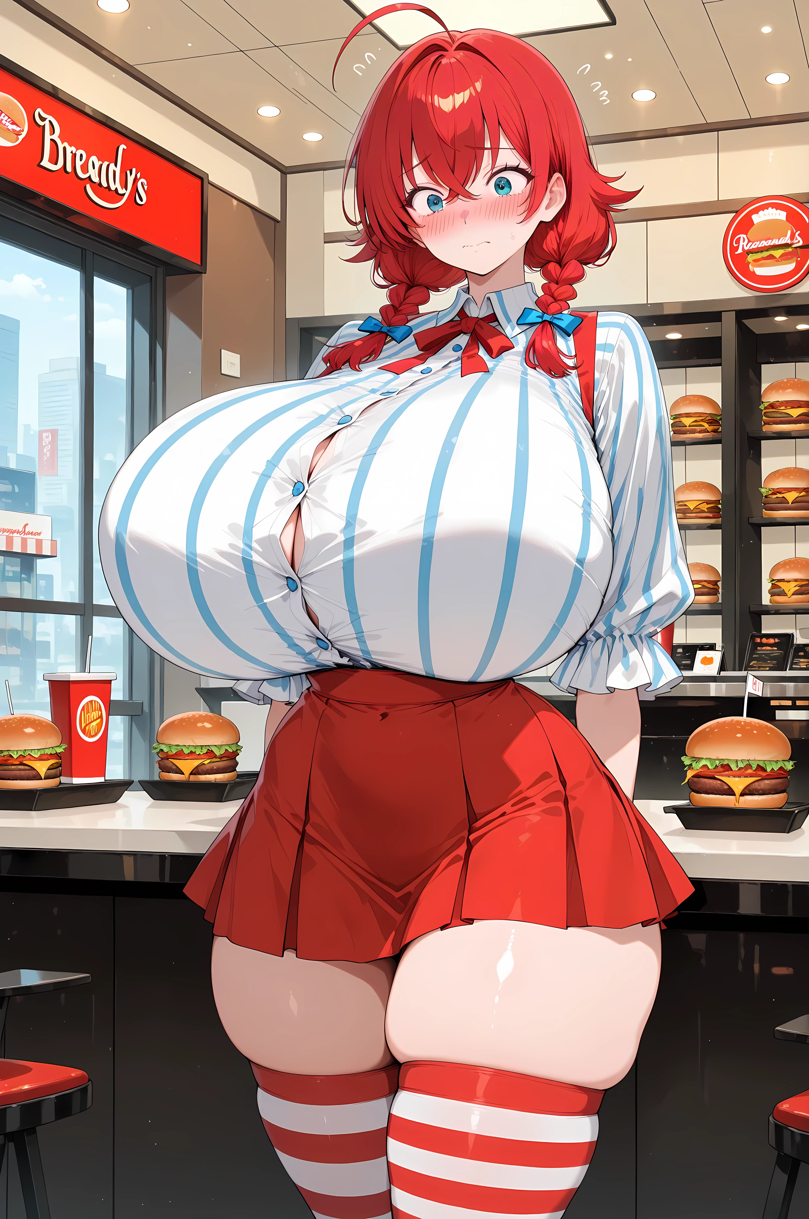 mcmom, sexy woman, mature, milf, huge breasts, large breasts, curvy, voluptuous, completely nude, nude, ass, nipples, earrings, sweating, shiny skin, smile, standing, from back, solo focus, mcdonald's, indoors
