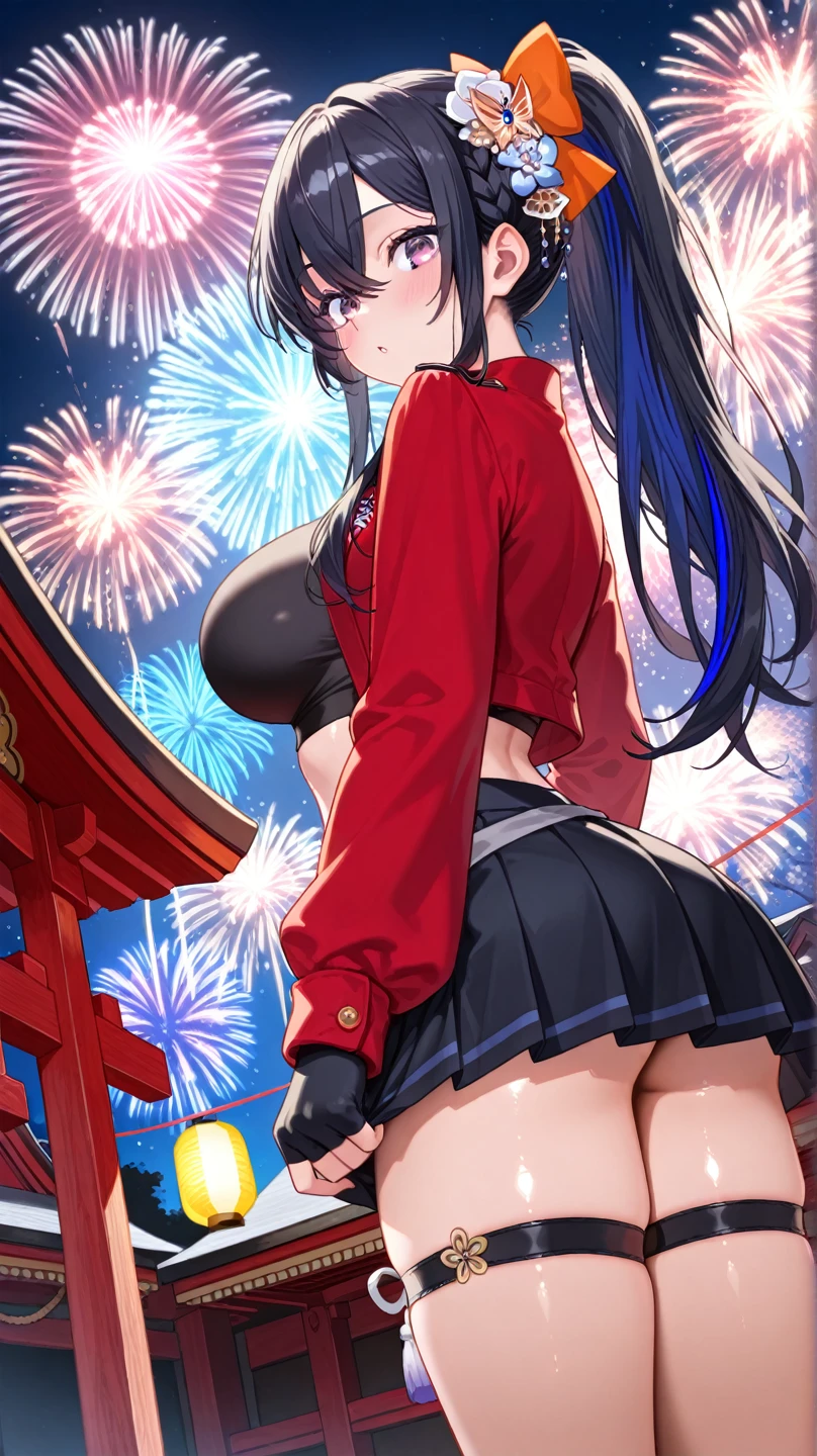 (A superb exquisite Chitanda Eru), (mature face), purple eyes, long black hair, natural straight hair, straight bangs, solo, [Small_breasts: large_breasts: 0.5], normal breasts, ((view from behind)), (red long dress, fireworks on windows, indoor), extremely delicate, peerless beautiful girl, dreamy quality, exaggerated facial features, solid color, delicate face, bright lips, slender waist, straight curves, soft lights and shadows, super fine, 8K HD, (masterpiece:1.4), (finely detailed beautiful eyes: 1.2)