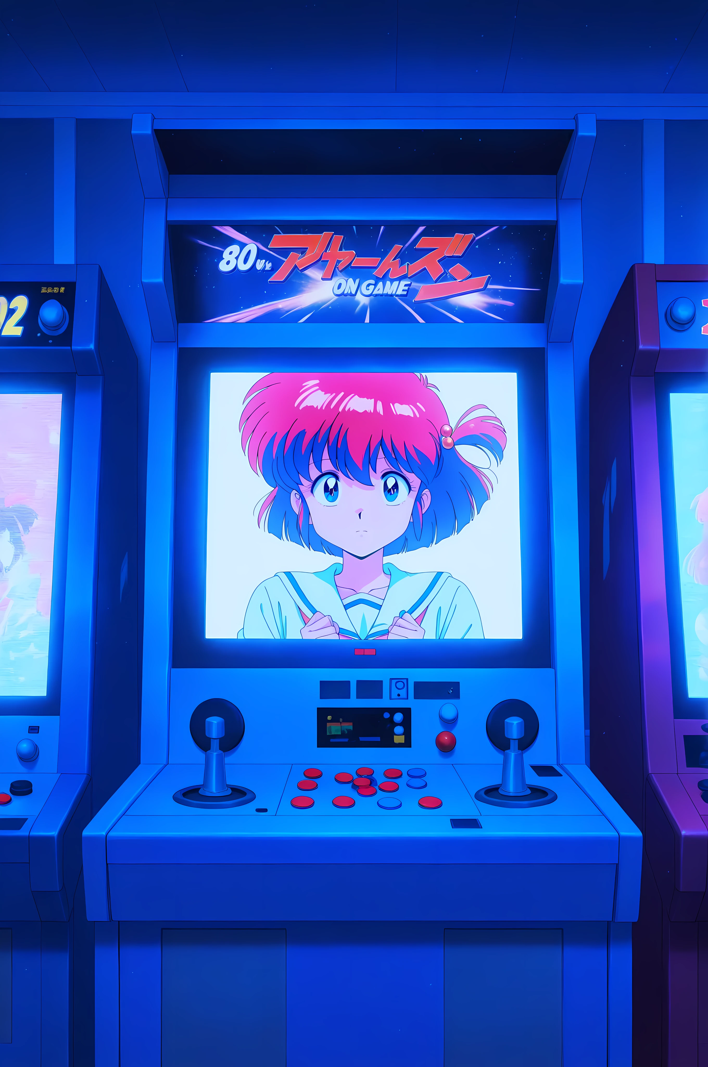 close, 1Arcade machine, 1Arcade_machine, no_humans, simple digital game, game on screen, retro, 80's anime, anime_coloring, anime_screen_cap