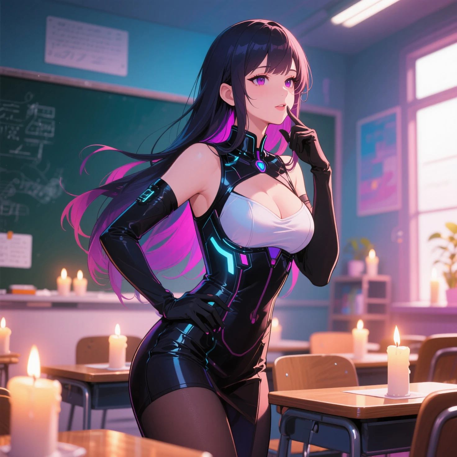 masterpiece, best quality, highres, 1girl, solo, magician, superhero, leotard, bare legs, matching shoes, gloves, looking at viewer, empty classroom, soft lighting, leotard, black hair, purple eyes, medium breasts, long hair, sitting in a chair, full body, light particles, magic, hair down, cool, holding and playing a trumpet