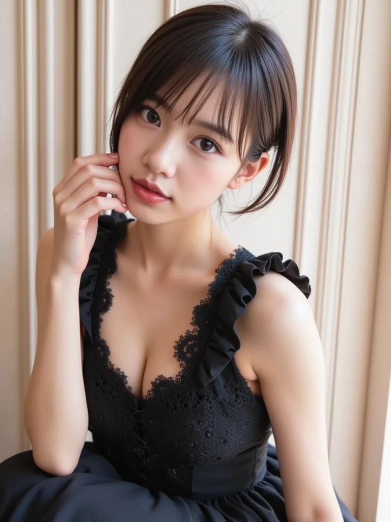 brightexpression、photorealistic stick:1.32、highest quality、超A high resolution、Photos of the most beautiful Japan girls、cute and beautiful face details、small face、(Pueros face_V1:0.008)、Beautiful bangs、14 years old、Brilliant white skin、hair gets tangled in face、Bangs that reach down to the face、bangs、hair between eyes、super long hair、charming brown silky hair、bright、Clear light blue eyes shine charmingly、ample breasts、Dynamic poses highest quality、disorganized、((the cutest girl in the world))、Japanese、14 years oldの女の子、Cafe、((lace dress:1.3))、(half up hair:1.3)、(tie with a thin ribbon)、nice and cute、innocent smile、nice smile、cleavage、(big breasts:1.3)、ponytail、brown hair、thin waist、detailed beautiful eyes、face forward、Upper body、close up of face、Front view、