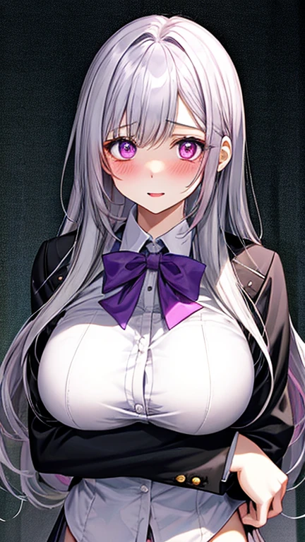 One person, chest, Purple eyes, alone, blonde mesh hair, bangs, Long Hair, shirt, white shirt, huge chest,