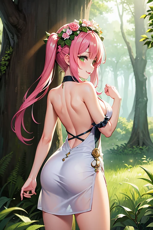 (8K、masterpiece、Highly detailed background、high resolution)、(mitsuri kanroji)、(Open-air bath、Back view、Hide nakedness with your hands)