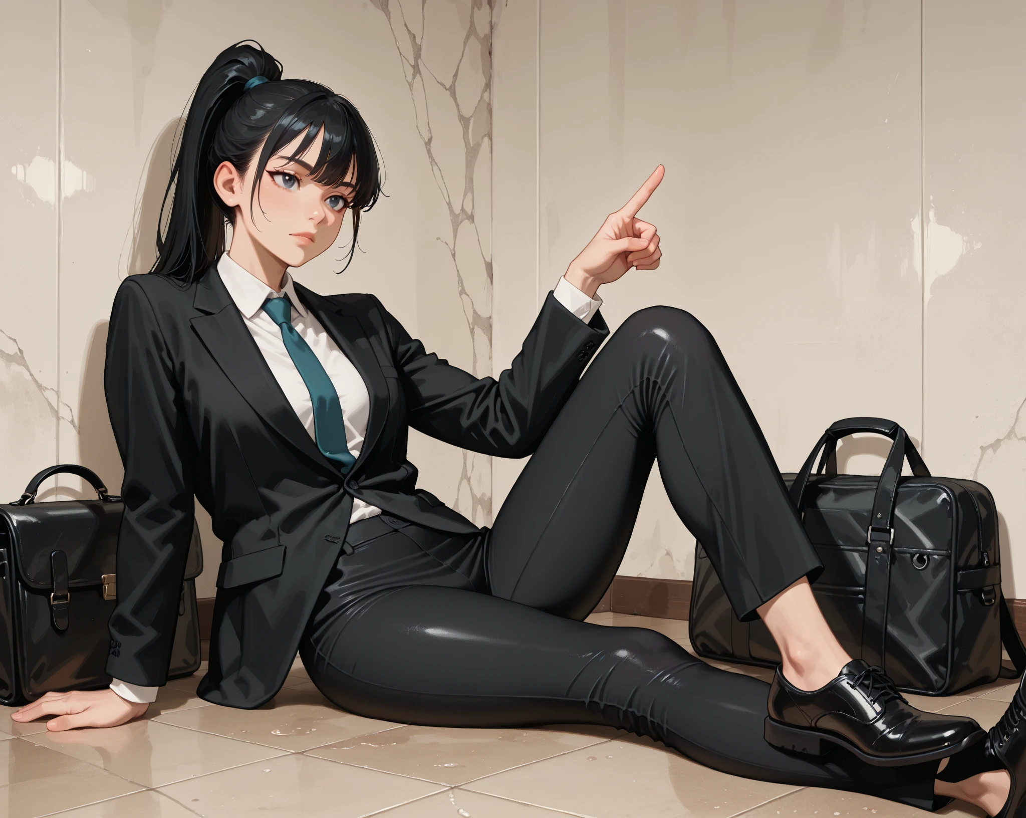 Sexy woman, long wavy black hair, black suit unbuttoned over her black lingerie and black pants with black boots, bossy type, seductive, sitting in desk, inviting, sultry pose, lustful look