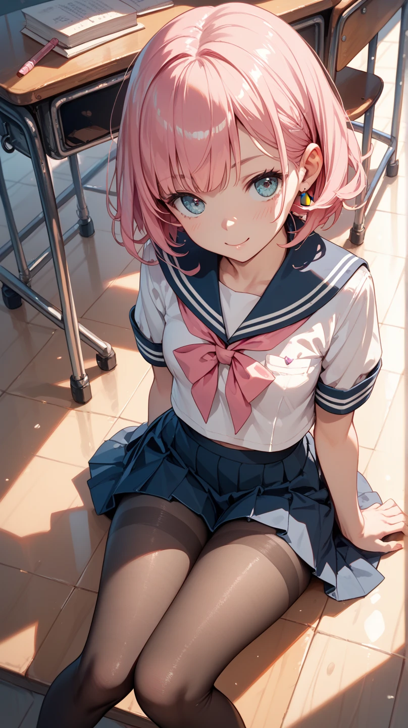 (1 girl),(Best Picture Quality, 8K, Masterpiece:1.3), (high school student:1.5), ((pink lob hair:1.1)), (bob cut),(swept bangs), (cute eyes, pupil black, iris skyblue, youthful face), (mole under right eye), (standard weight), (small breasts),(big hip), (glistening skin:1.1),(pale skin:1.2),(squatting),((serafuku, white sailor short sleeve simple shirt, darkblue skirt, darkblue sailor collar, pink ribbon)),(leg close-up:1.3)