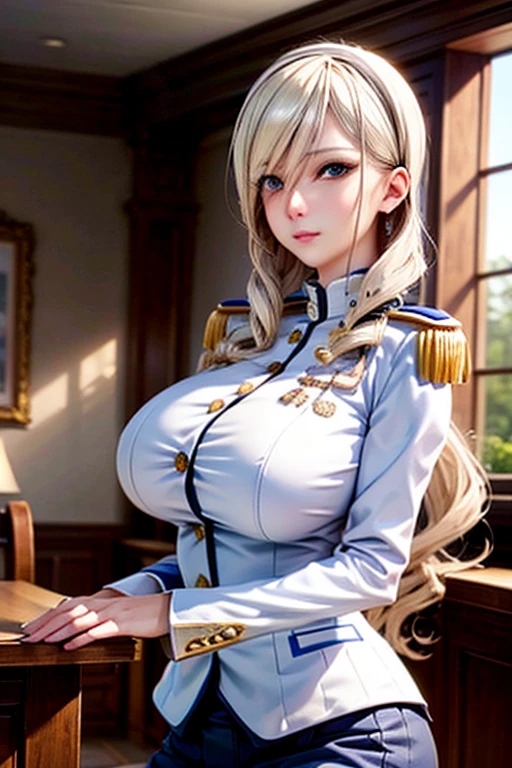 lying on bed, aroused, necklace, earrings, glasses, full body, long blonde hair, blue military uniform, top_less, exposed_bust, exposed_chest, nipple_outline, superb, ultra-high-definition, RAW photo, realism: 1.25), (bright lip gloss, long eyelashes, smooth face, bright skin, natural shadows, wide light, wide light, depth of field, strong colors, subtle caustics: 0.8), (big tits), v6