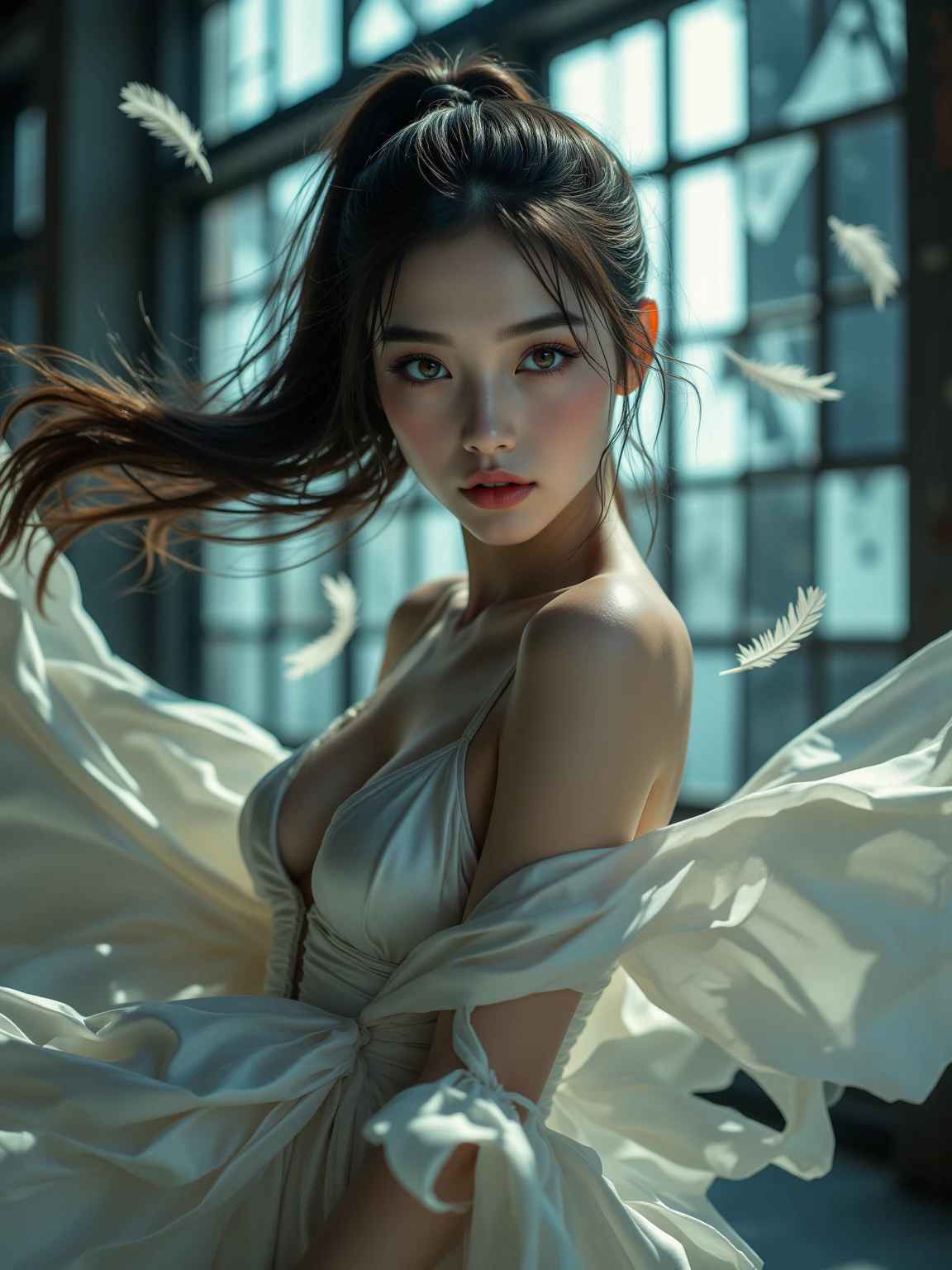 ((Girl lying on a marble table on a large floor))、((Lying on a marble table))、Fluorescent color、1 girl、Looking to the side、Beautiful face、Beautiful eyes、（Off the shoulder：1.2）、Upper Body、Shiny Hair、Glowing Skin、 Reduce glare、The proportions of the fingers have been adjusted、Escrow、ass pov、Dynamic Angle、(((Master part)))、(((highest quality)))、(((Super-detailed))) detailed）、（An illustration）、（Detailed light）、（Very delicate and beautiful）、Dramatic_Shadow、Ray_Tracking、reflection、 Ultra-high resolution、((A girl with colorful hair and mesh in her black hair))、 Her hair flutters in the wind、(Large deep blue eyes)、Black Haired Woman、 Sparkling Butterfly、Black-haired woman、Points of light around the woman、Magical Aura、Green dot、Aura About Natural、超Magical AuraBlack-haired woman,((Semi-transparent white open shoulder dress:1.3))、(No sleeve)、((My skirt is flying up in the wind)),((An old European castle is hazy in the distance)),((White panties are visible)),