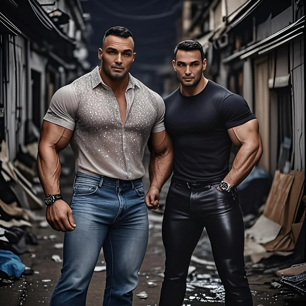Young teen, handsome face, detailed face, blue-gray eyes, mischievous smile, goatee, muscular body, thick thighs, giant ass, hairy chest, disproportionate huge pecs, huge pecs, big bulge. He wears a black punk jacket without a blouse, black leather pants, a chain around the neck, and combat boots.