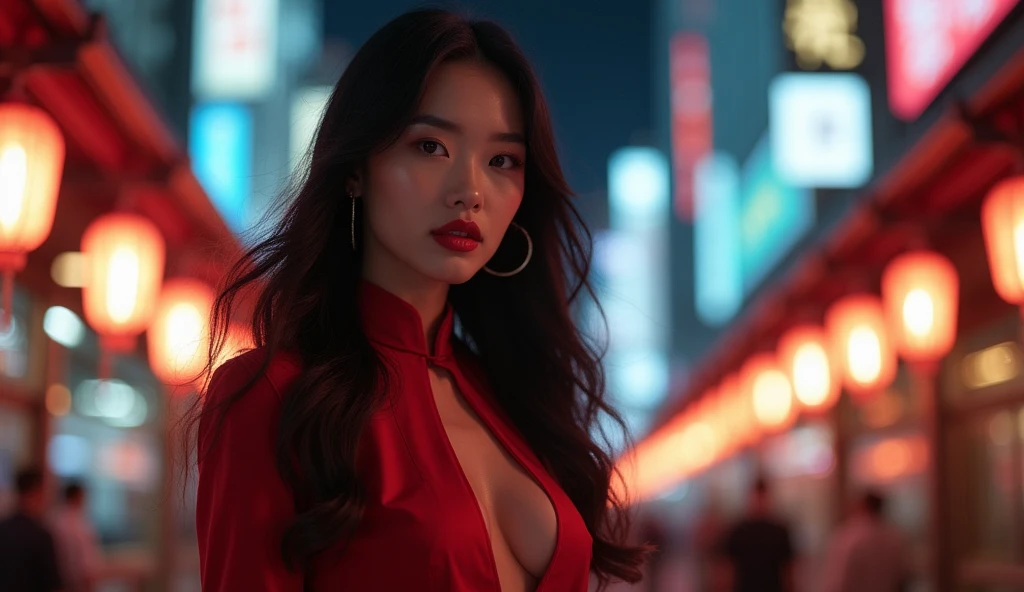Cute Indonesian woman, long messy hair, perfect body, perfect breasts, perfect butt, sweaty, In the year 2330, neon-lit streets hum with energy, and these two women stand out like contrasting elements in a digital canvas. The first, draped in fiery red, exudes intensity—perhaps a rogue hacker or a rebel with a cause. Her counterpart, swathed in pristine white, emanates purity and mystery. Their back-to-back stance hints at an unspoken alliance, forged in the shadows of this dystopian metropolis. The 35mm f/2.8 lens captures every detail—the glint of augmented eyes, the weave of fabric, and the faint glow of neural implants. A timeless moment frozen in the relentless march of technology. 📸✨