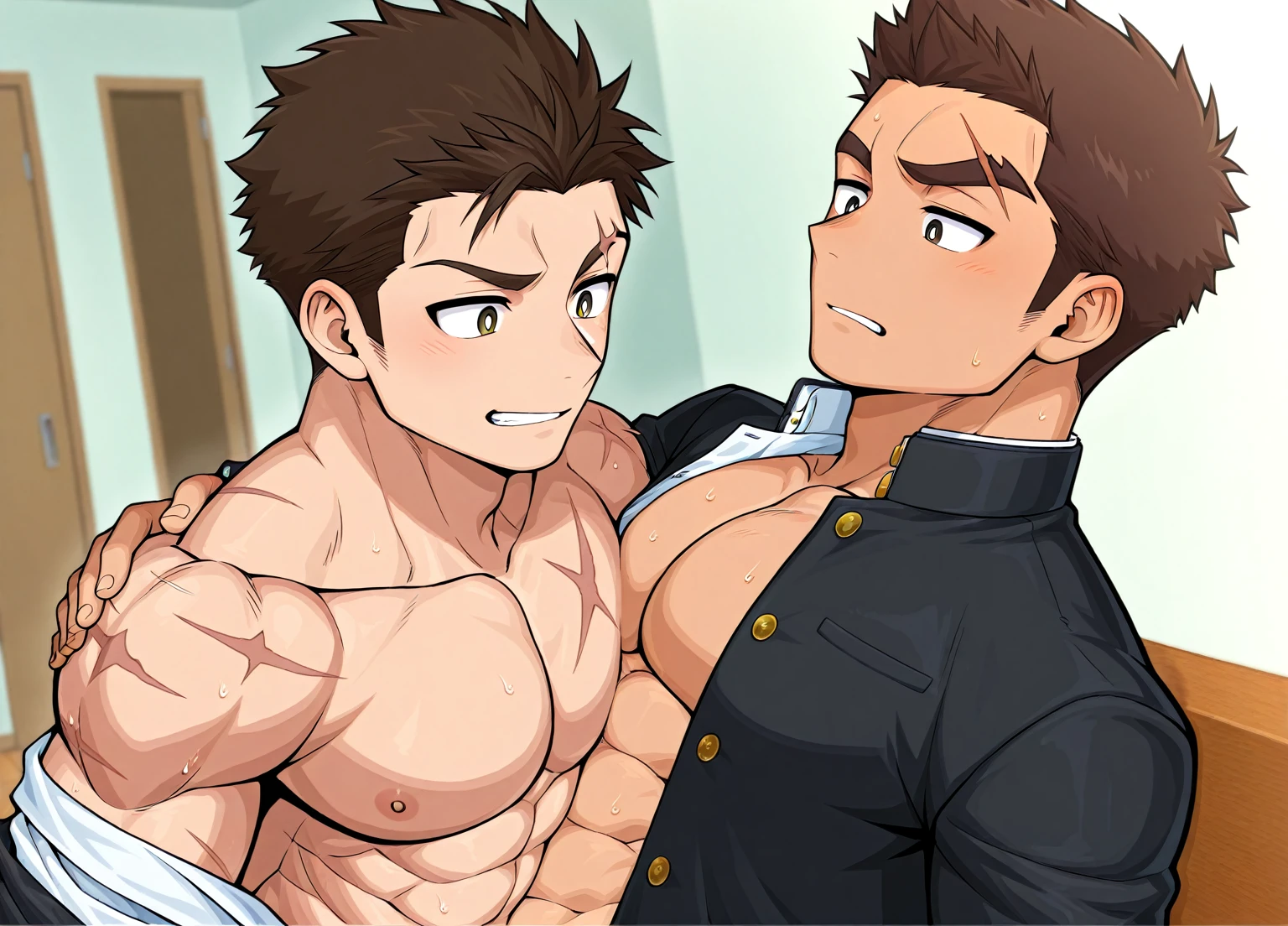 1man, mature male, parted bangs, medium-short hair, brown hair, muscular celeb, short goatee, short mustache, indigo eyes, dandyism, BREAK naked guys focus, intercourse with a faceless male, duo, sex from behind, nipples, bedroom, soft plesure, looking far, detailed penis, extremely detailed guy, detailed glans, in gentle sasaki style, visual novel, 2010s, masterpiece, best quality