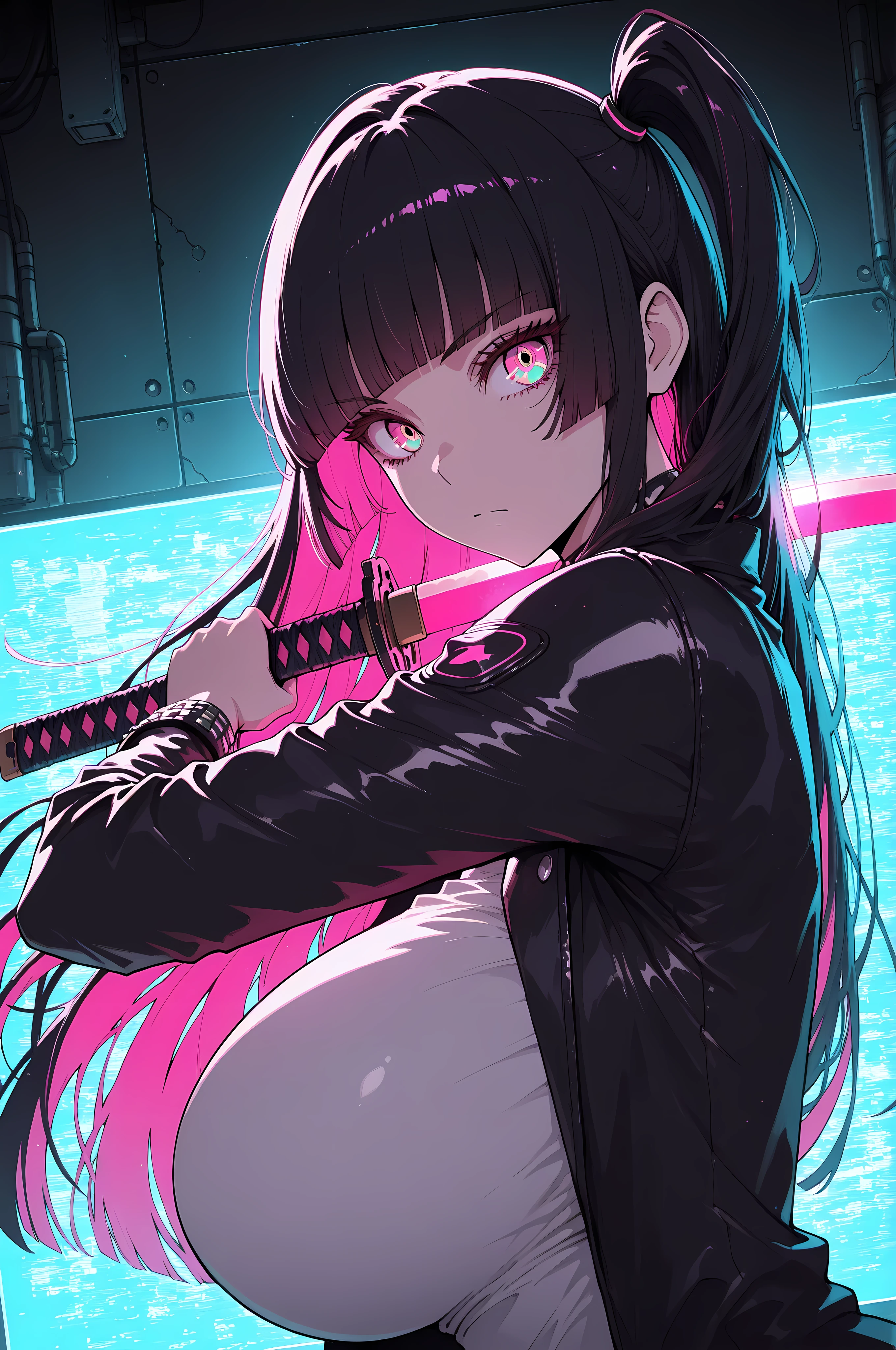 masterpiece, best quality, good quality, absurdres, highres, cyber punk,
BREAK 
1girl, Face Focus, Side Angle, upper body, black hime cut, (magenta eyes), holding Katana pose,dynamic angle, huge breasts
BREAK
Backlight, one side light, cybernetic digital background with green neon light