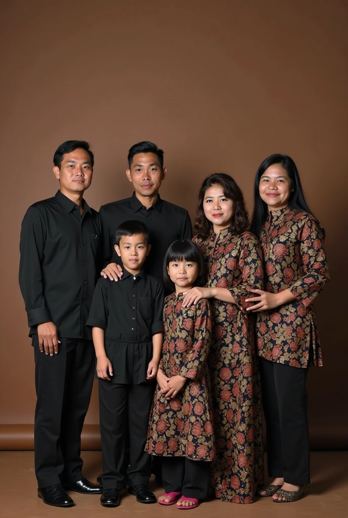 Portrait of young Indonesian man 18 years old wearing a suit and young Indonesian woman 1 wearing kebaya and hijab and boy wearing a suit and girl wearing kebaya and hijab standing in a photo studio room,there are flower decorations