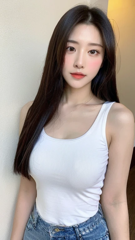 realistic, 1 women, best quality, 12k, HD, long hair, big round breasts, cleavage, ponytail, necklace, jewelry, shorts, short jacket, slim hips, hair tie, yellow eyes, black hair, super detailed, Eye details, hair details, person details, mouth details, face details, breast details, clothes details, hair details, pants details, hand details, whole body