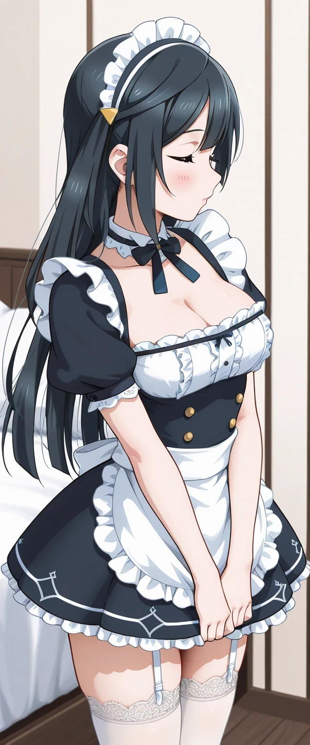best quality, extremely detailed, anime style adult 1girl, long hair down to the waist, straight hair, dark black hair with bluish, beautiful detailed eyes, pinched eyes, dark blue eyes, huge breasts,curvy, ((((Male butler's outfit with elements of a princess)))),((Luxury rooms)),((pov face)),in umamusume's 3D style