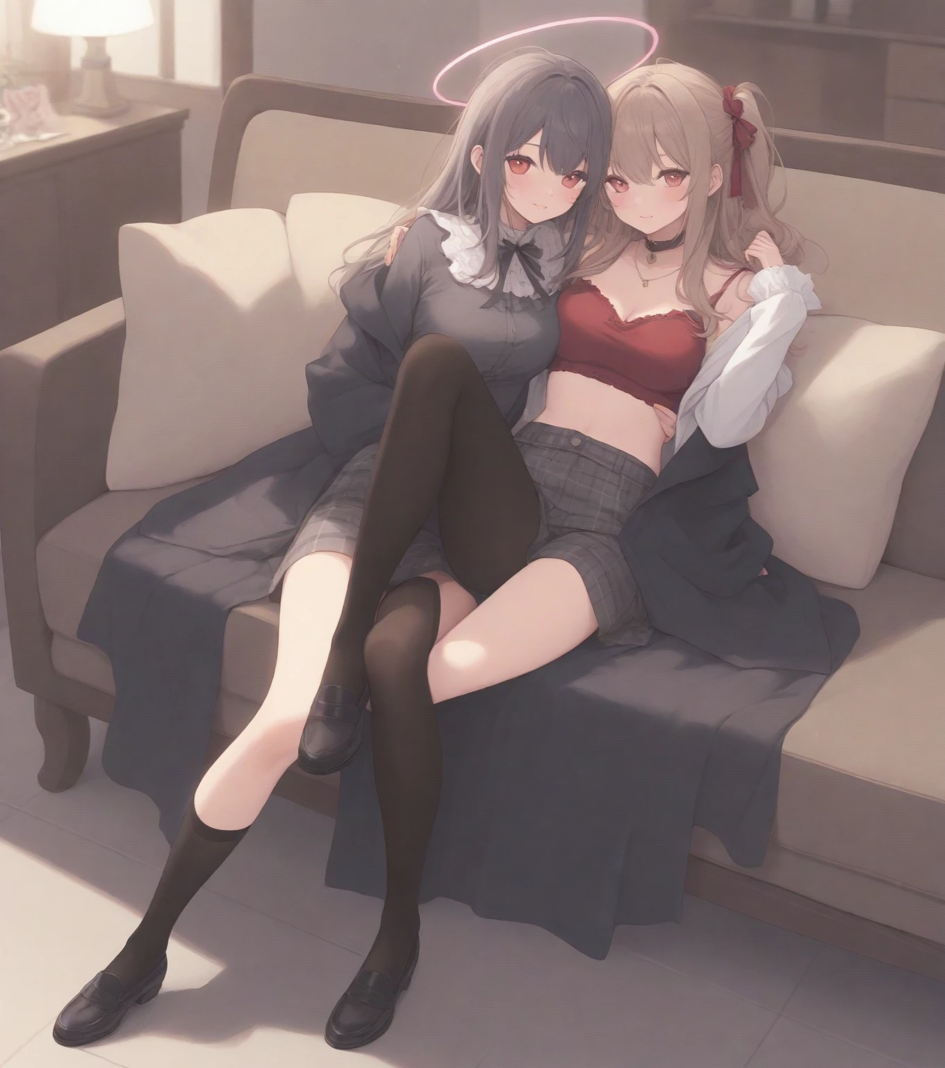 (Best quality: 1.5), (masterpiece: 1.5), (character in the center), (absurd), (4k wallpaper), (detailed eyes), (pretty eyes), (perfect hands), (Beautiful skin ), (perfect body), (perfect shadows), (full body), (perfect light), (detailed eyes), (masterpiece), (voluptuous body), (perfect anatomy), (anime girl), two girl, a mother and her daughter, (the mother must have the following characteristics: wear jeans and a sweater, with green eyes, brown hair with a ponytail), (the daughter must wear a (school uniform), thigh-high stockings, eyes green, white hair with two pigtails), both must have huge breasts, oppai, huge thighs, perfect thighs, very voluptuous bodies, they must have flirtatious and lustful faces, they must be inside a house