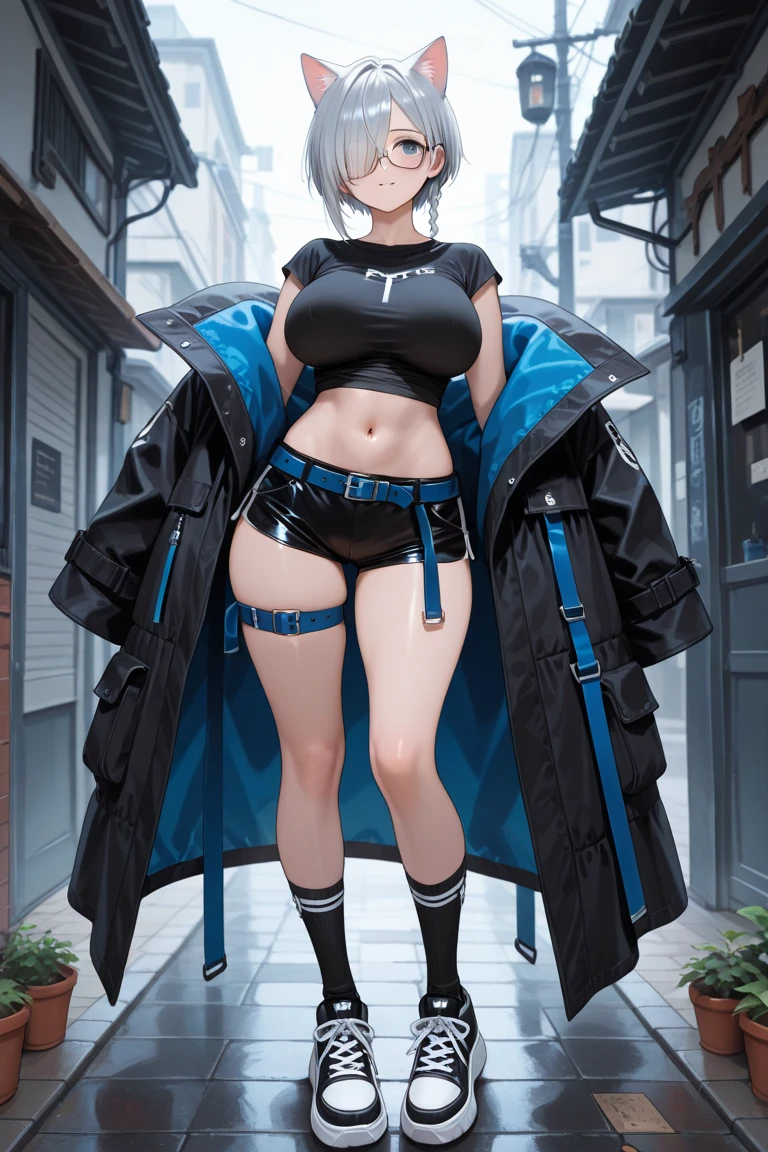 1girl, older, full body, techwear one piece swimsuit white hair, blue eyes, ultrasharp, short hair, 8k, looking at viewer