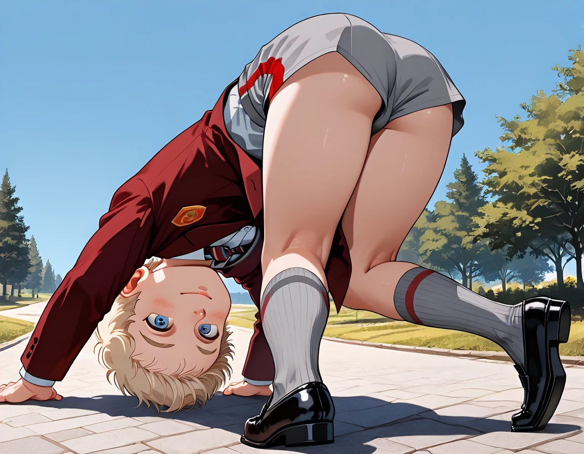 masterpiece, highest quality, High resolution, chisato Nishikigawa, 1 girl, shirt, long sleeves, dress, ribbon, white shirt, collared shirt, belt, neck ribbon, red dress, blue ribbon, pleated dress, grey dress, two-tone dress, red belt, lycoris uniform, (full body), (squatting:1.3), lace white panties, (Showing panties:1.3), (Put your hands on your head :1.5), Outdoor