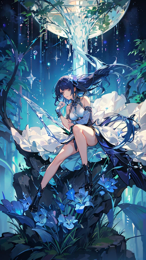 Total focus on a Korean woman short hair on a divine link dancing with veil + blue forest + mystical trees + glowing flow + close-up full-body showing, pose, cinematic, detailed pretty face, exquisite details, 8k UHD, ultimate brushing, master brushwork, trending on artstation, master drawing, masterpiece