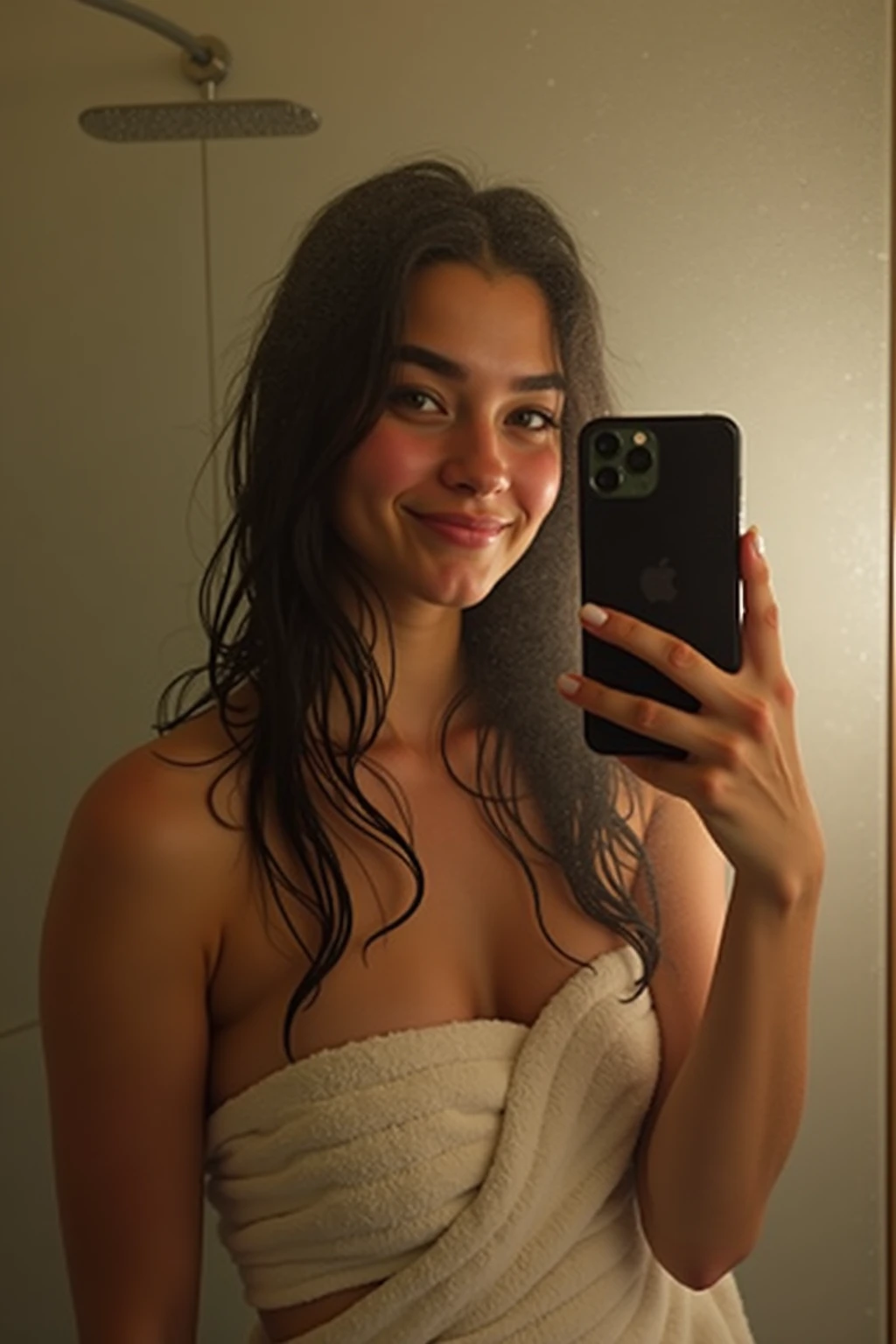Draw a model of a very beautiful Russian woman who is going to take a shower. Let her stand in front of the mirror and the shower at a little distance. Let her take the photo herself with her phone and iPhone 15. Hold it against the mirror and make it look much more realistic, as if she were a living person