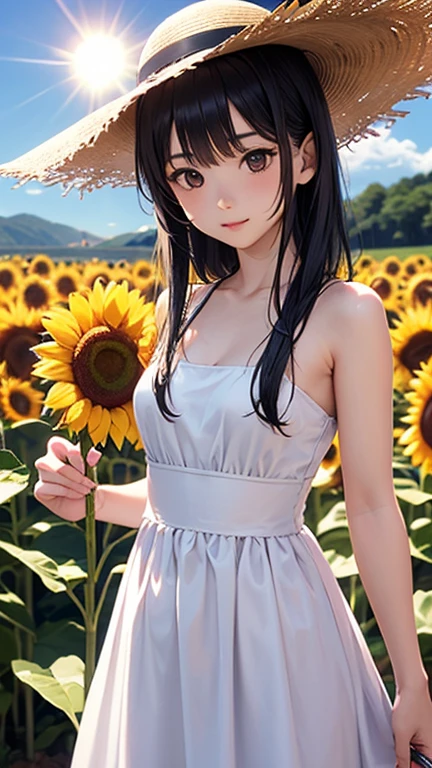 Zhengzhou, 1girl, sunflower, black eyes, black hair, flowers, skirt, solo, smile, bangs, outdoors, field, standing, long hair, straw hat, looking at the audience, black skirt, extra long hair, yellow flower, sun hat, flower field, depth of field, shut up, short sleeves, blunt bangs, (delicate skin: 1.2), (shiny: 1.3), (shiny: 1.4), (wet oil: 0.6], (shiny skin: 1.4), gorgeous, fantastical, natural, delicate rendering, original, contour deepening, High-key and low-variance brightness scale, soft light, light and dark interlacing